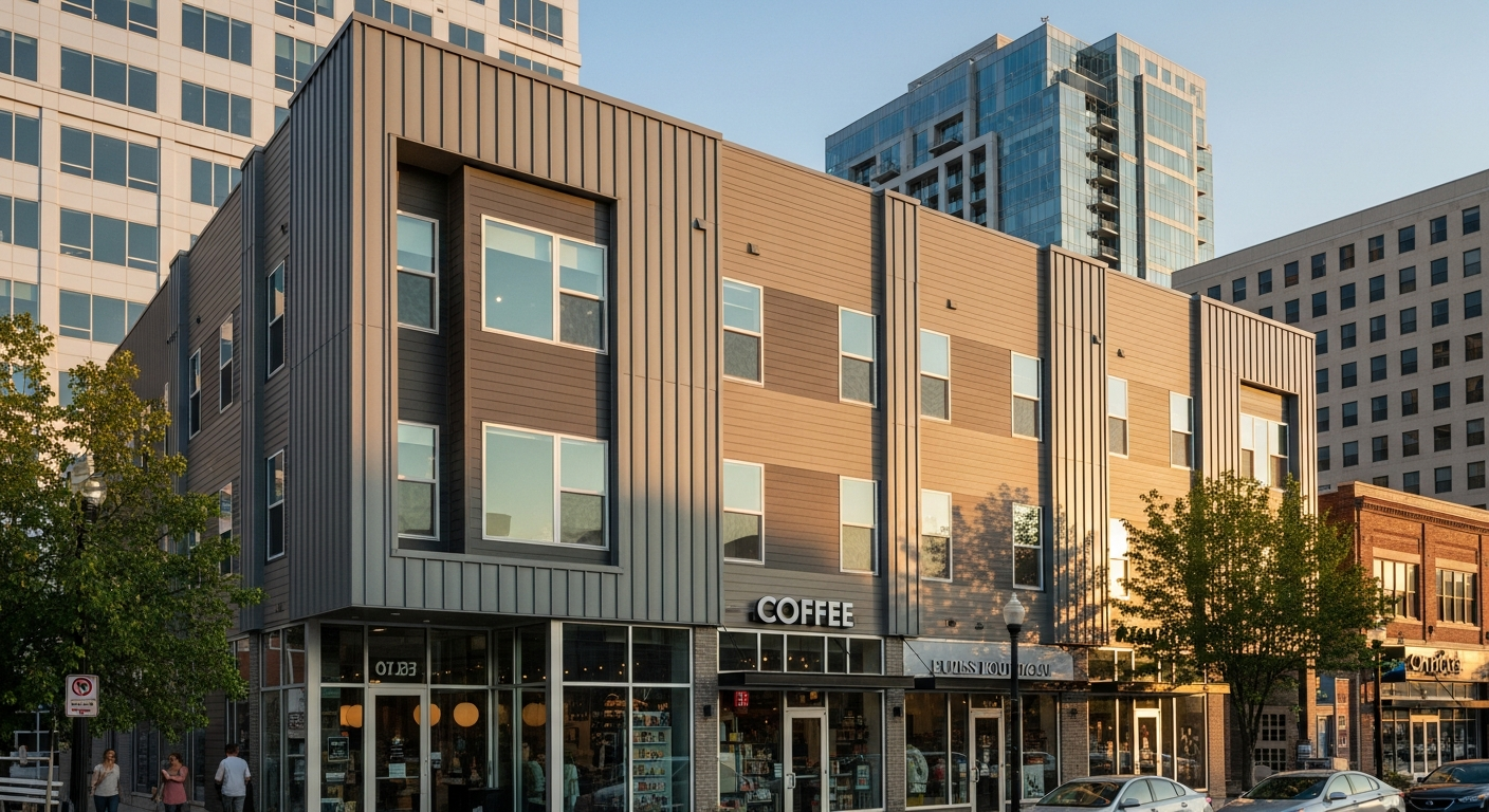 Modern Omaha NE commercial mixed-use building with newly replaced metal panel and fiber cement siding facade