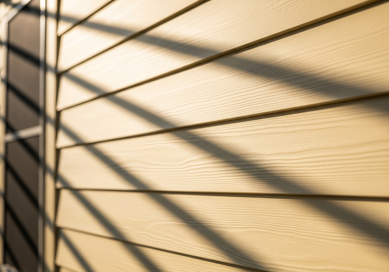 Close-up of James Hardie fiber cement lap siding on an Omaha NE home in soft yellow afternoon light