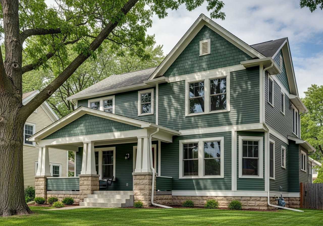 Omaha Nebraska craftsman home sided in deep forest green LP SmartSide engineered wood lap with white trim and a covered front porch