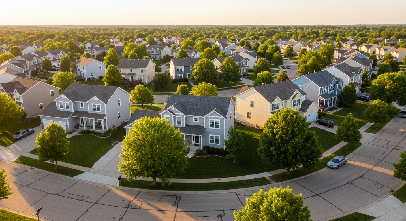 Aerial view of a West Omaha Nebraska residential subdivision with several homes showing newly replaced lap siding