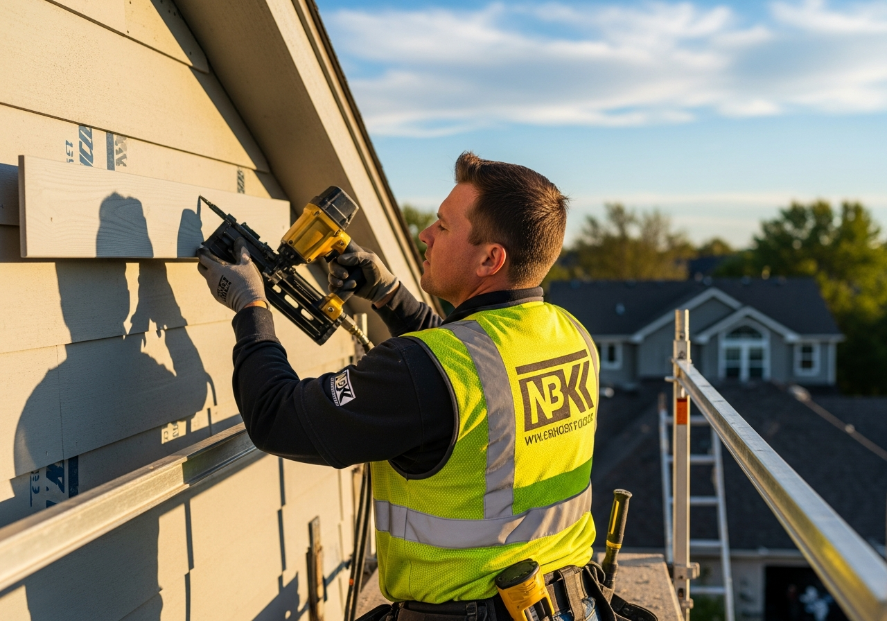 Omaha NE siding crew member fastening a James Hardie fiber cement plank to the gable of a residential two-story