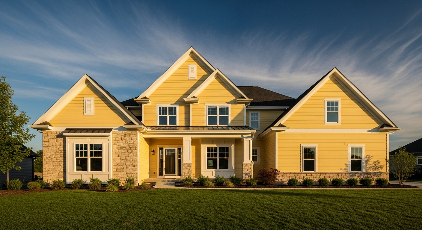 Two-story Omaha Nebraska family home with newly installed yellow lap siding, white trim, stone column accents, and a steep gabled roofline at golden hour