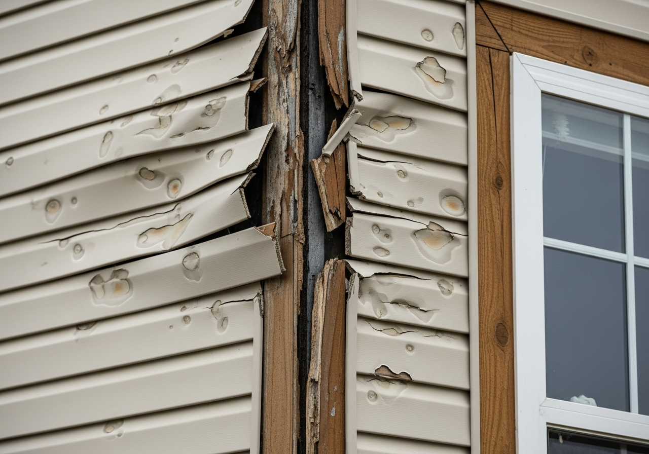 Hail-damaged beige vinyl siding on an Omaha NE home with cracked panels and impact bruises after a spring storm